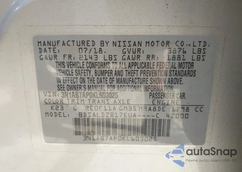 2019 Nissan Sentra Sv z USA, uszkodzony, nr VIN 3N1AB7AP0KL603025